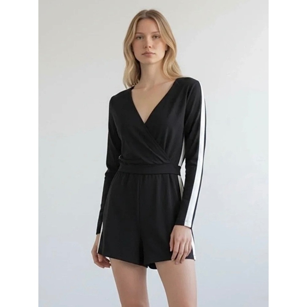 Boston Proper Black White Stripe Long Sleeve Wrap Romper Women Small